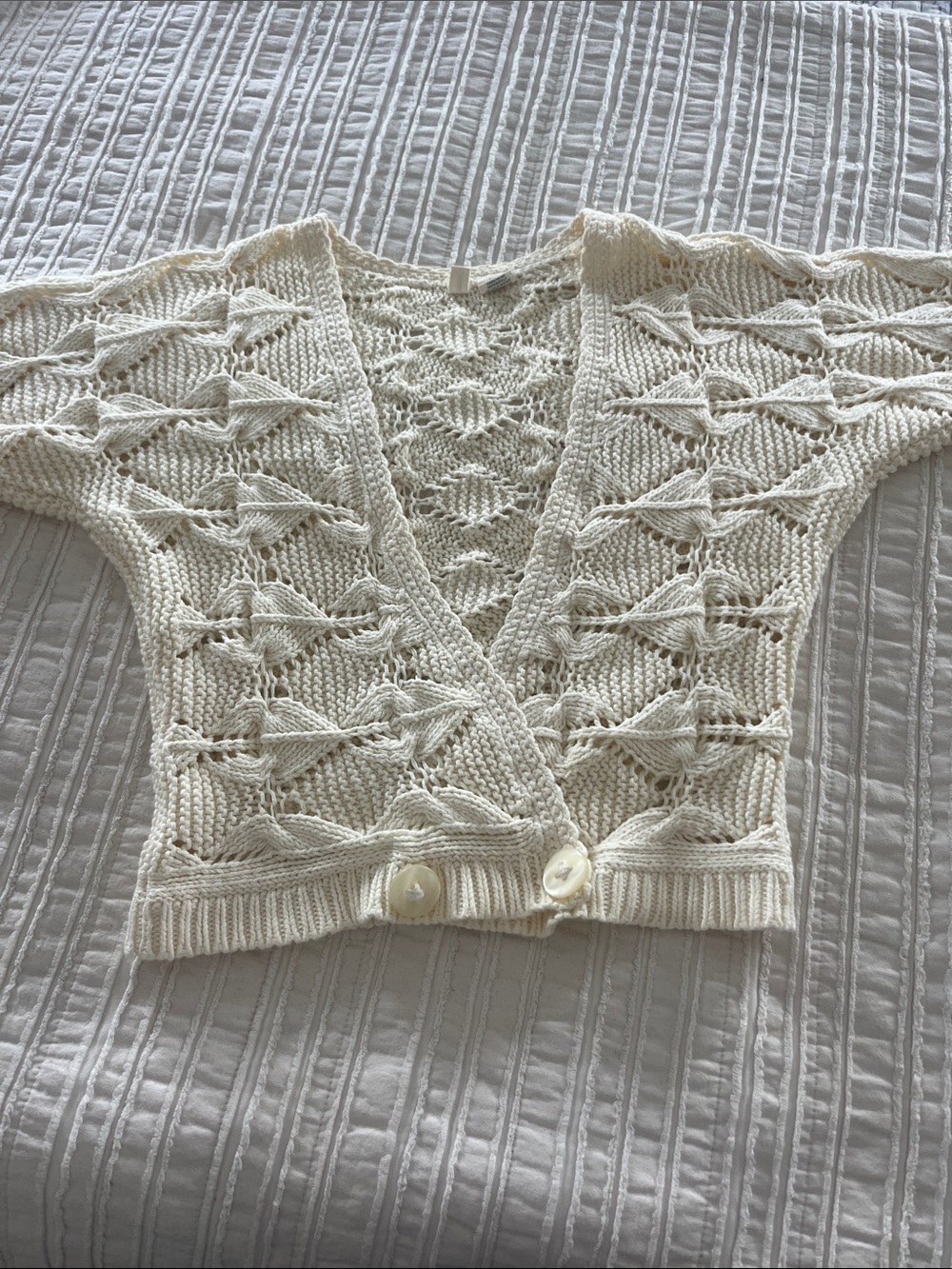 100% Cotton Moth by Anthropologie, Cream Open-Knit Crochet Sweater3/4 sleeve